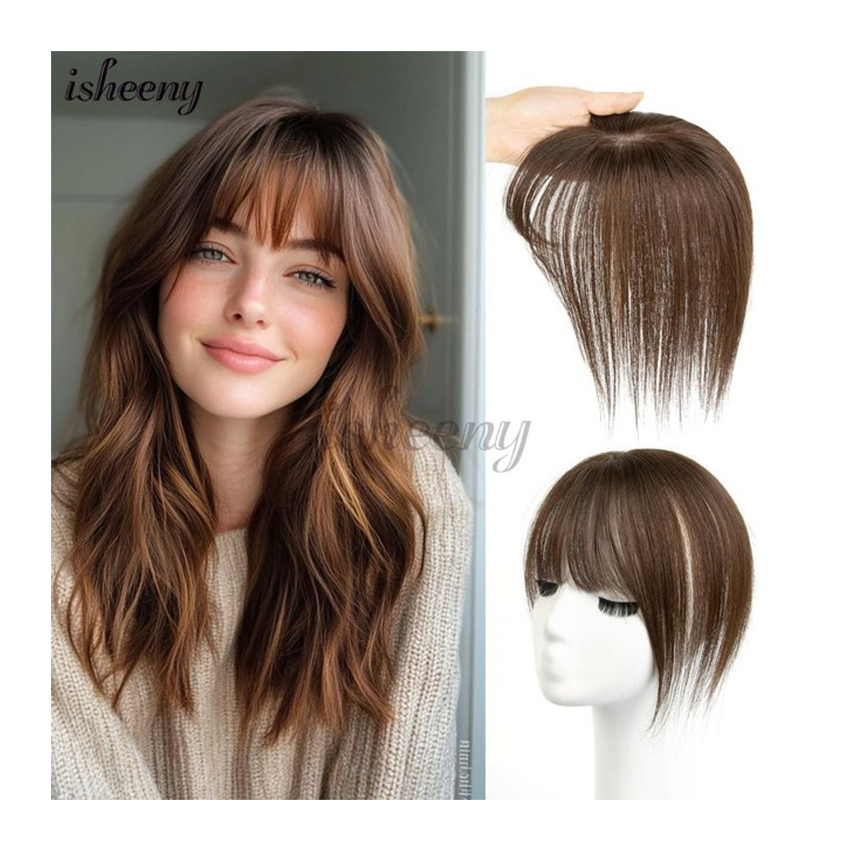 isheeny Echthaar-Topper für Erwachsene, glattes Haarteil mit atmungsaktivem Haarnetz, Farben: Schwarz, Braun, Blond - Bild 1