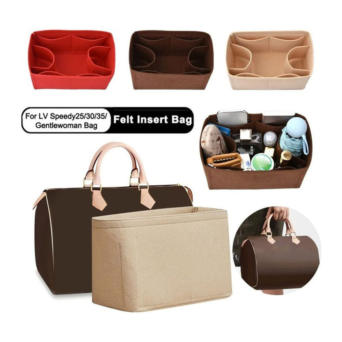 ISKYBOB Filz Handtaschen-Organizer in Rot oder Bunt für LV Speedy 25/30/35 und Gentlewoman Taschen mit großer Kapazität und minimalistischem Design - Bild 1