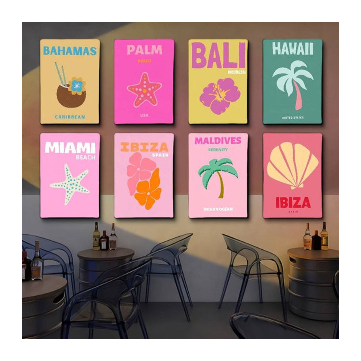 Island Travel Vintage Poster mit floralem Motiv in Mehrfarbig, Rechteckiges Wandbild aus Papier mit Holzrahmen im Hochformat - Bild 1