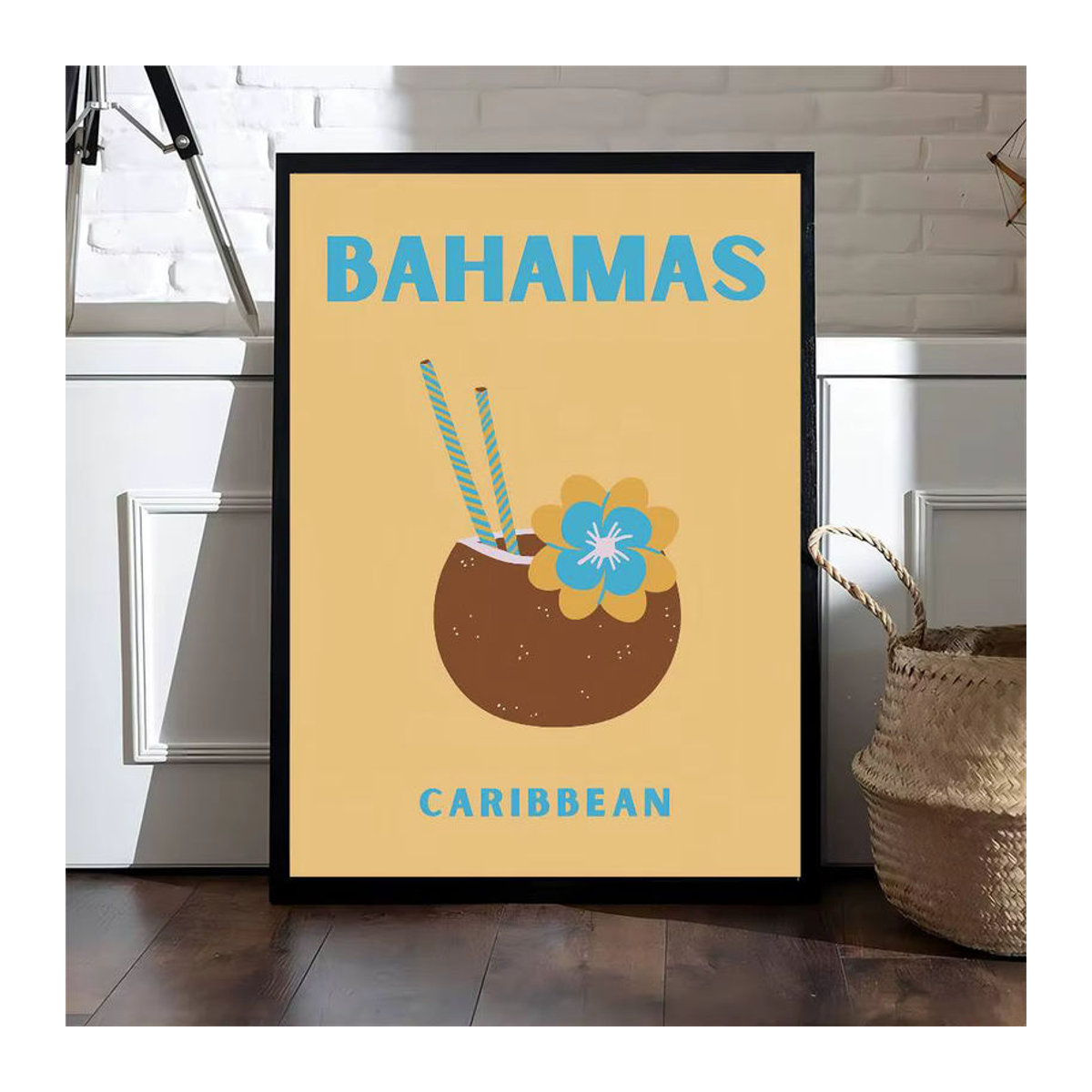 Island Travel Vintage Poster mit floralem Motiv in Mehrfarbig, Rechteckiges Wandbild aus Papier mit Holzrahmen im Hochformat - Bild 3