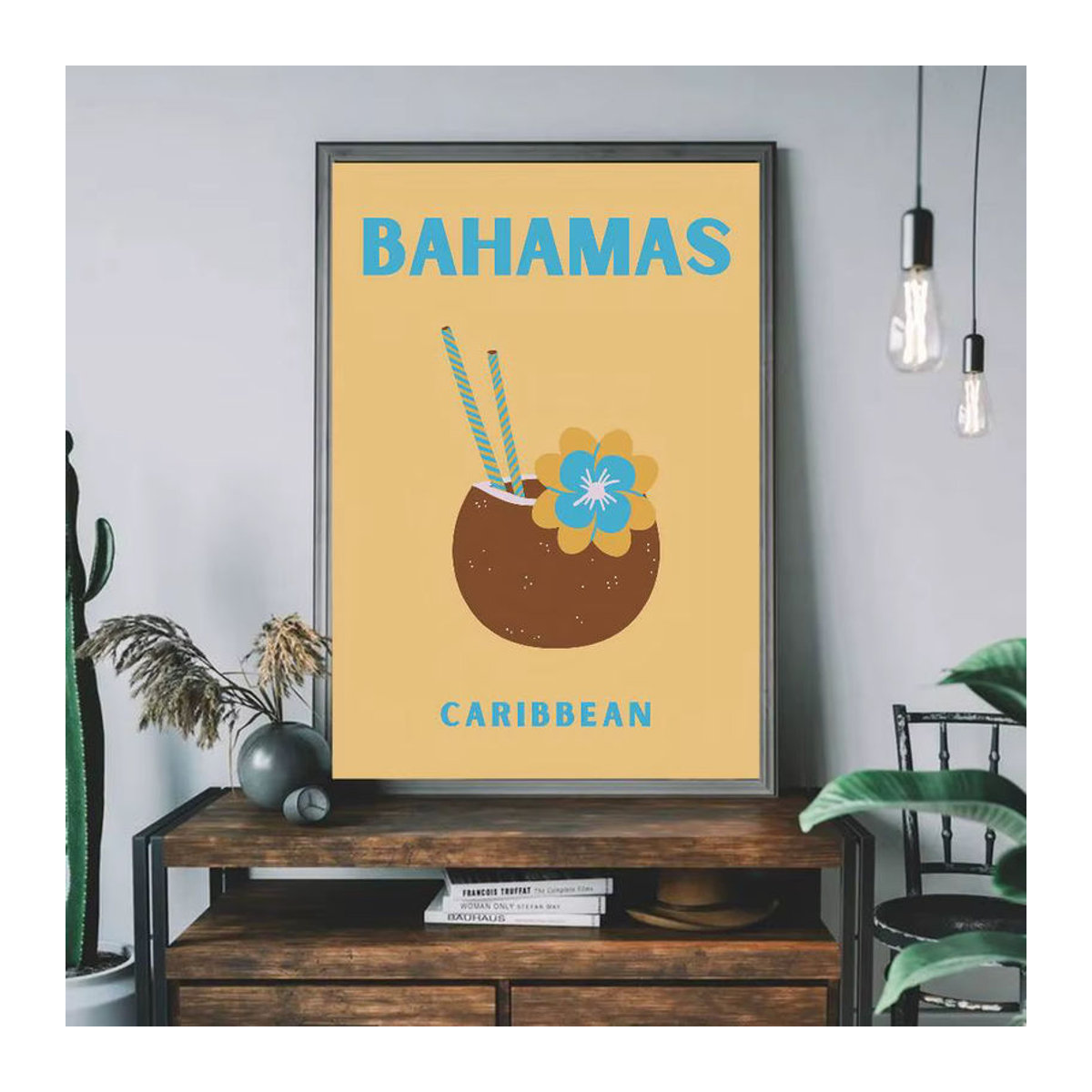Island Travel Vintage Poster mit floralem Motiv in Mehrfarbig, Rechteckiges Wandbild aus Papier mit Holzrahmen im Hochformat - Bild 4