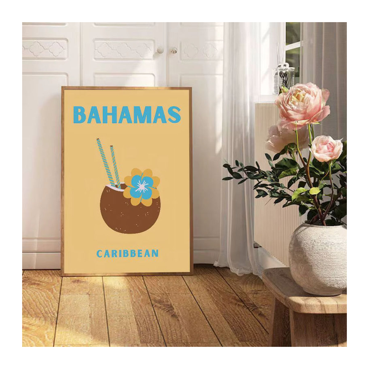 Island Travel Vintage Poster mit floralem Motiv in Mehrfarbig, Rechteckiges Wandbild aus Papier mit Holzrahmen im Hochformat - Bild 5