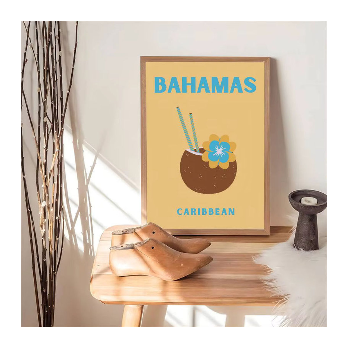 Island Travel Vintage Poster mit floralem Motiv in Mehrfarbig, Rechteckiges Wandbild aus Papier mit Holzrahmen im Hochformat - Bild 6
