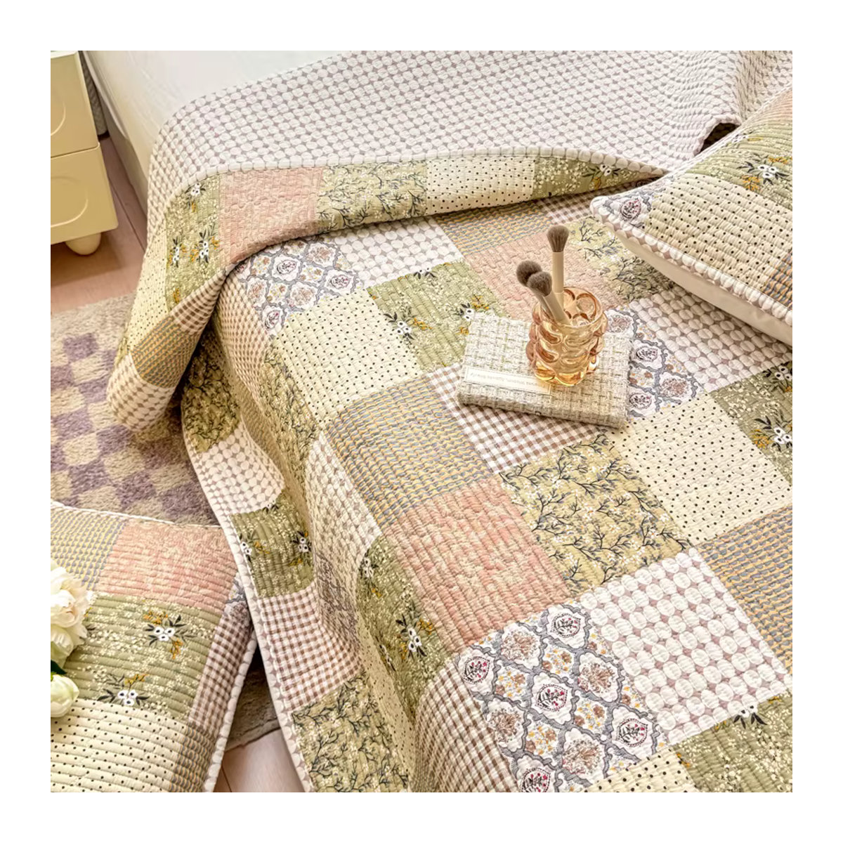IvaRose HOME TEXTILE 3-teiliges Bettwaren-Set mit Patchwork-Blumenmuster aus gesteppter Baumwolle, mehrfarbig - Bild 3