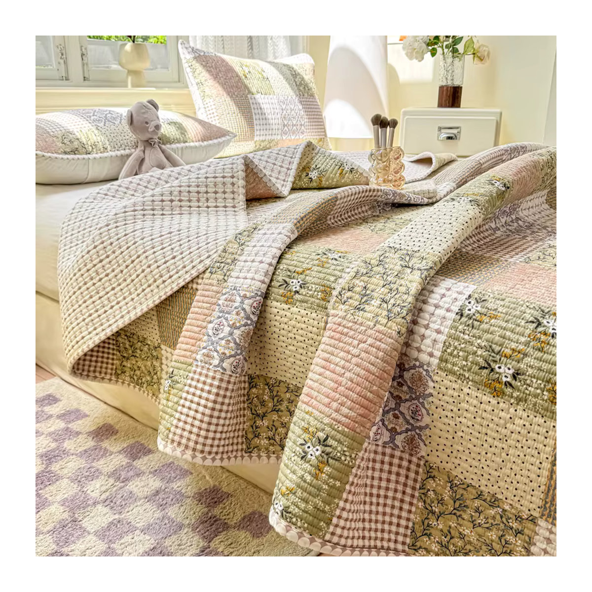 IvaRose HOME TEXTILE 3-teiliges Bettwaren-Set mit Patchwork-Blumenmuster aus gesteppter Baumwolle, mehrfarbig - Bild 6