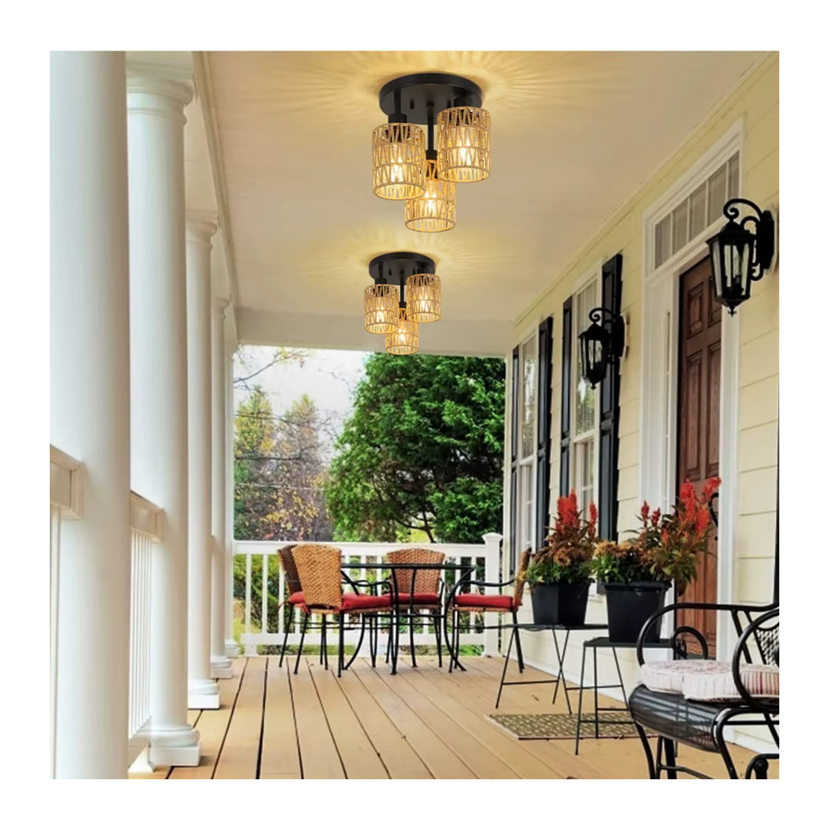 J OYINLED Handgefertigte Rattan-Deckenleuchte in Braun, Geflochtener Boho-Kronleuchter mit E27-Fassung als Wicker-Pendelleuchte für Schlafzimmer, Esszimmer und Flur - Bild 1