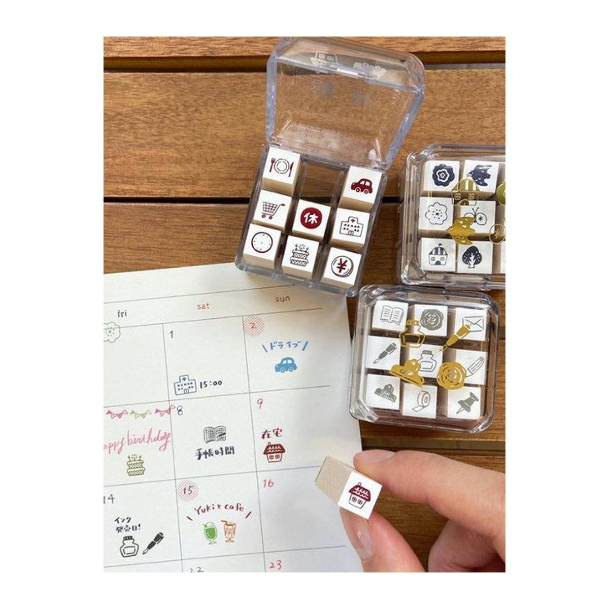 Japan Beverly Mini Holz Stempel Set 9 Teile in Weiß für Journal und Planer mit abstrakten quadratischen Motiven - Bild 1
