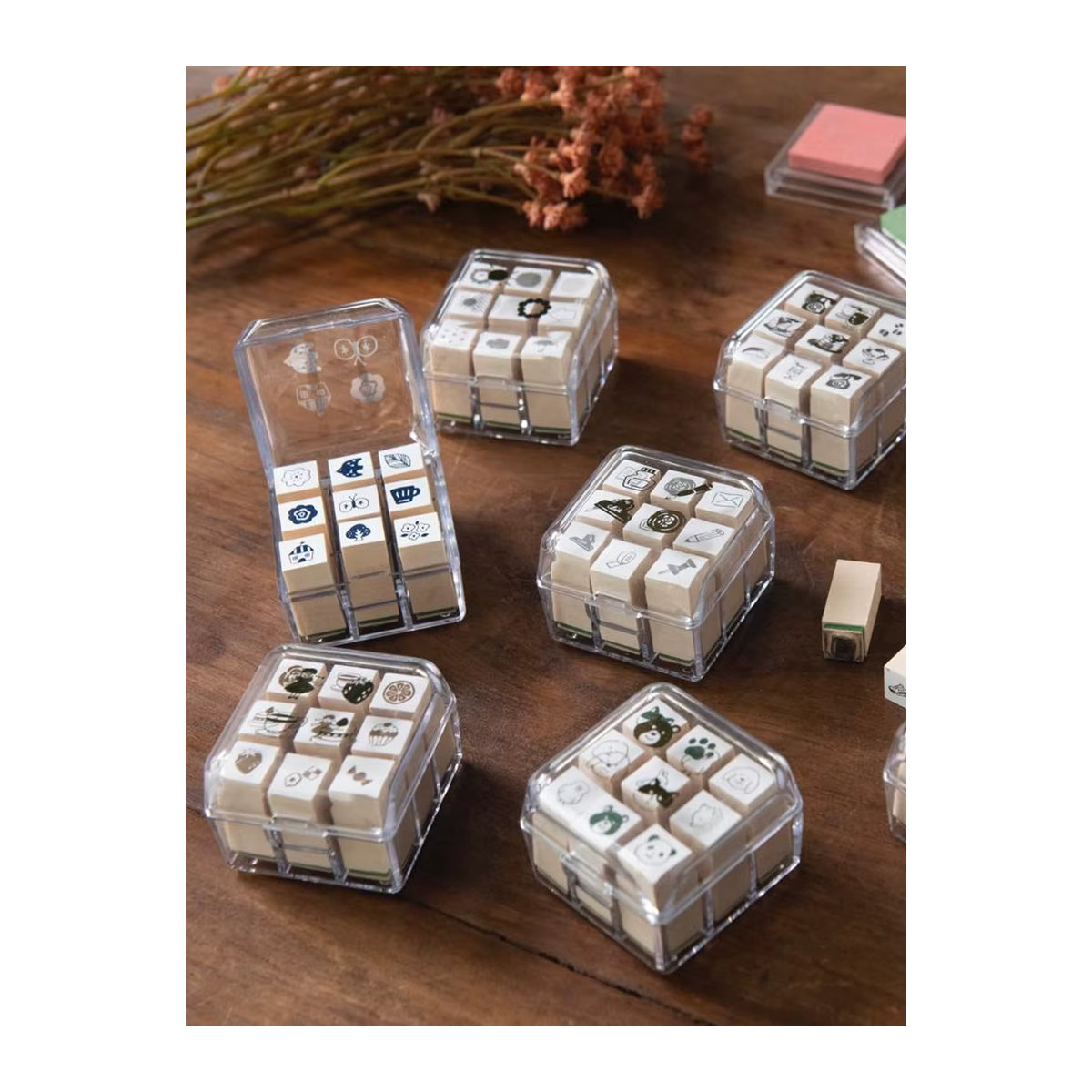 Japan Beverly Mini Holz Stempel Set 9 Teile in Weiß für Journal und Planer mit abstrakten quadratischen Motiven - Bild 2