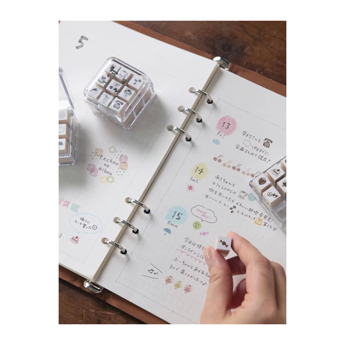 Japan Beverly Mini Holz Stempel Set 9 Teile in Weiß für Journal und Planer mit abstrakten quadratischen Motiven - Bild 4