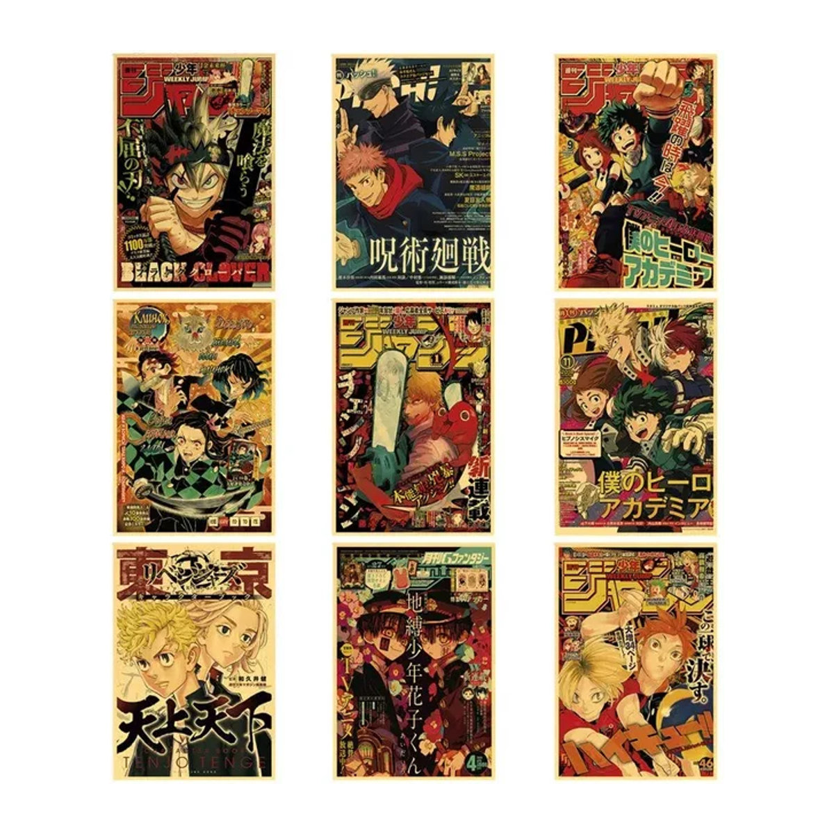 Japanische Anime-Poster-Sammlung mit Chainsaw Man, My Hero Academia und Jujutsu Kaisen als Wandkunst aus Papier in Mehrfarbig - Bild 1