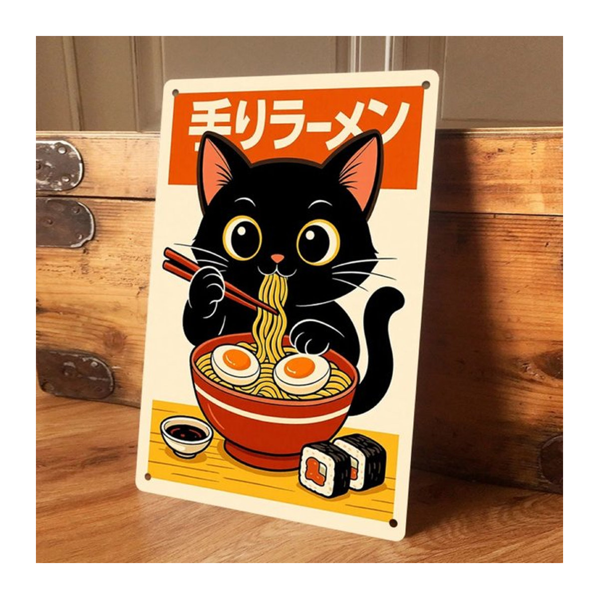 Japanische Cartoon-Katze mit Lamian-Nudeln Wanddekoration aus Metall, mehrfarbig, B/H: 30 x 30 cm - Bild 1