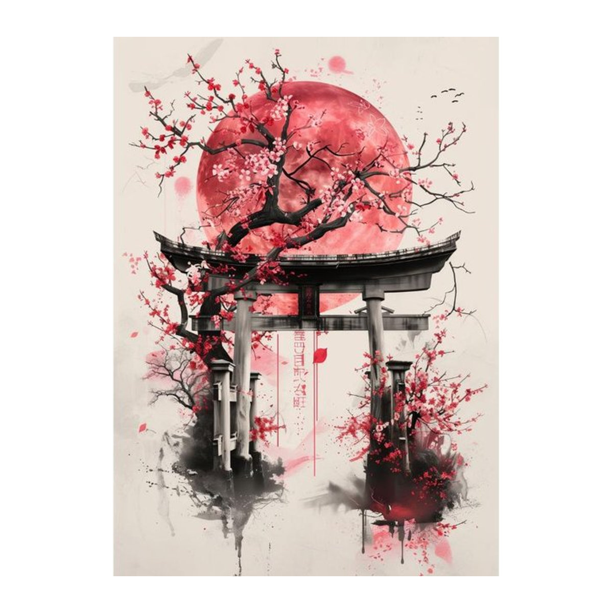 Japanische Landschaft mit Samurai, Geisha, Bonsai und Sakura als Leinwandbild von aidegou30, mehrfarbig, Breite: 100 cm, Höhe: 60 cm, rahmenlos - Bild 1