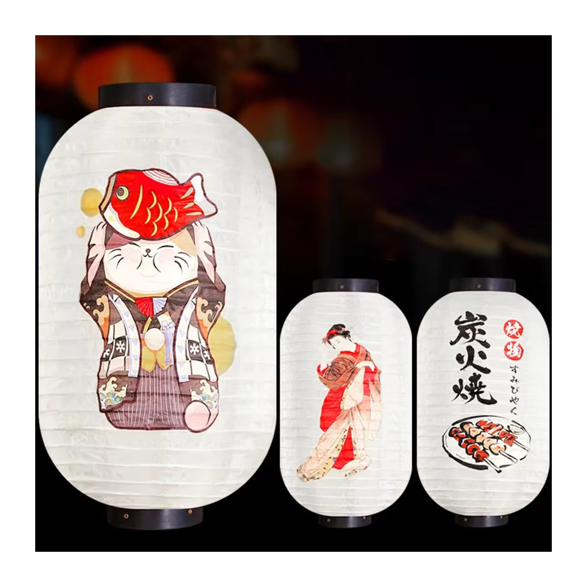 Japanische Laterne mit chinesischem Druck in Weiß, wasserdichte Textildekoration zum Aufhängen, B/H: 25,4 x 35,6 cm - Bild 2