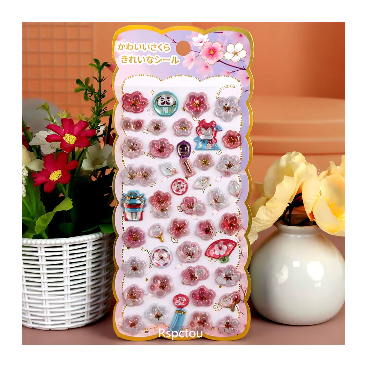 Japanische Sakura 3D-Kristall-Relief-Aufkleber mit floralem Design, wasserfeste Cartoon Ästhetik-Sticker für Laptop und Handy, mehrfarbig - Bild 3