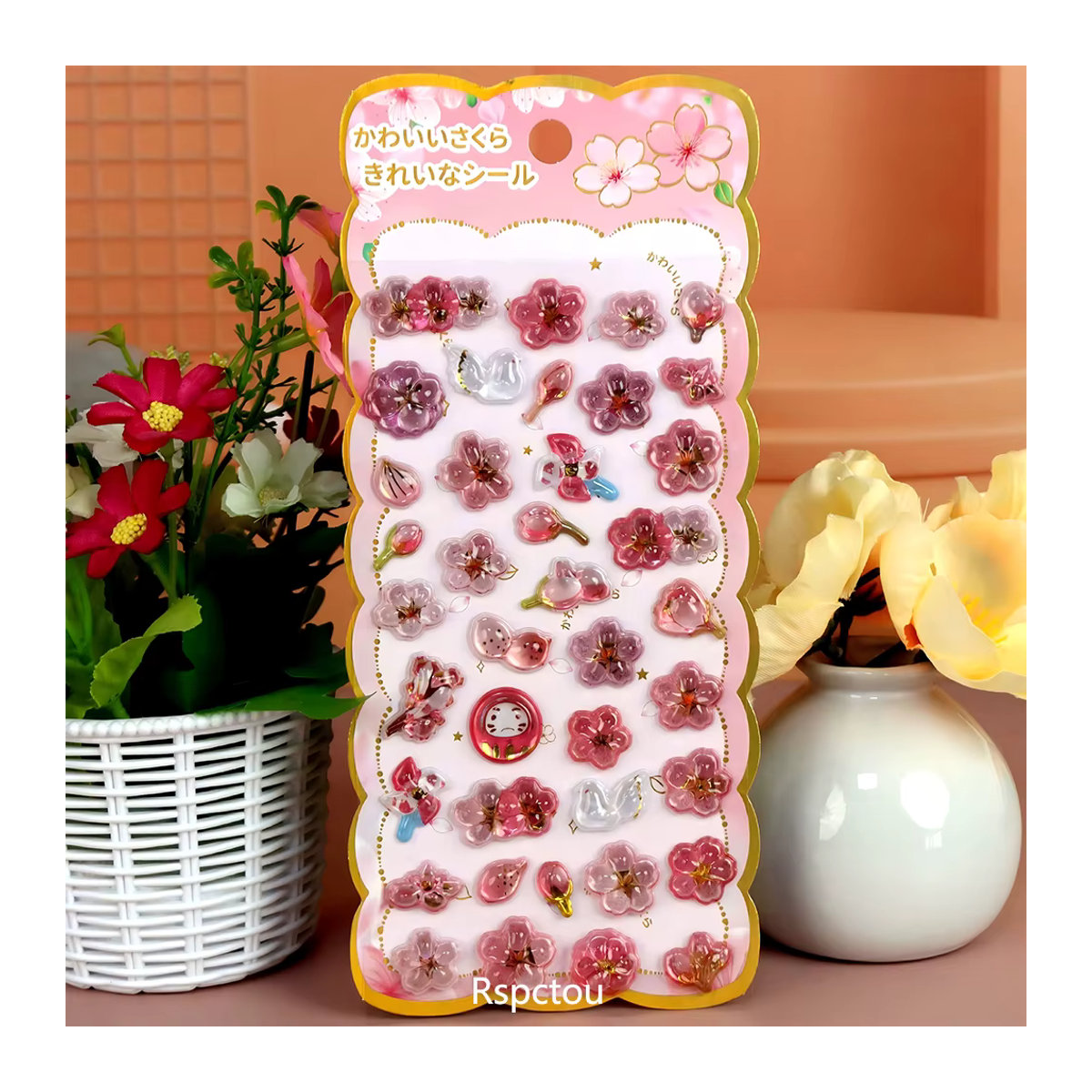 Japanische Sakura 3D-Kristall-Relief-Aufkleber mit floralem Design, wasserfeste Cartoon Ästhetik-Sticker für Laptop und Handy, mehrfarbig - Bild 4
