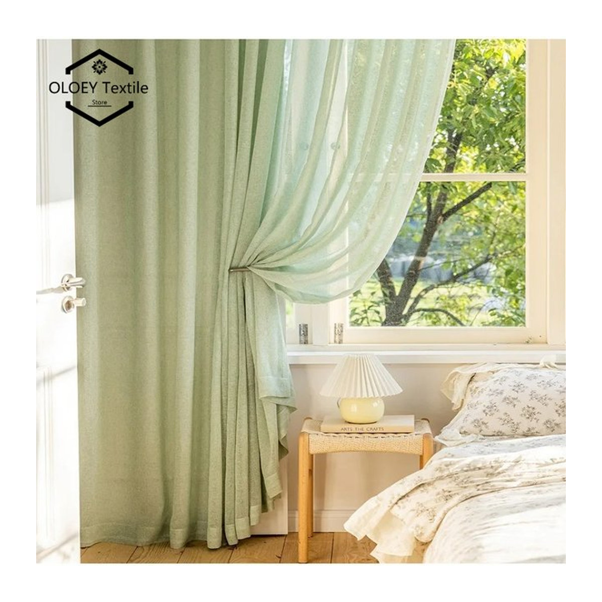 Japanische Tüll-Voile-Vorhänge in Mintgrün und Beige als moderner Sichtschutz für dein Wohnzimmer, Esszimmer oder Schlafzimmer - Bild 1