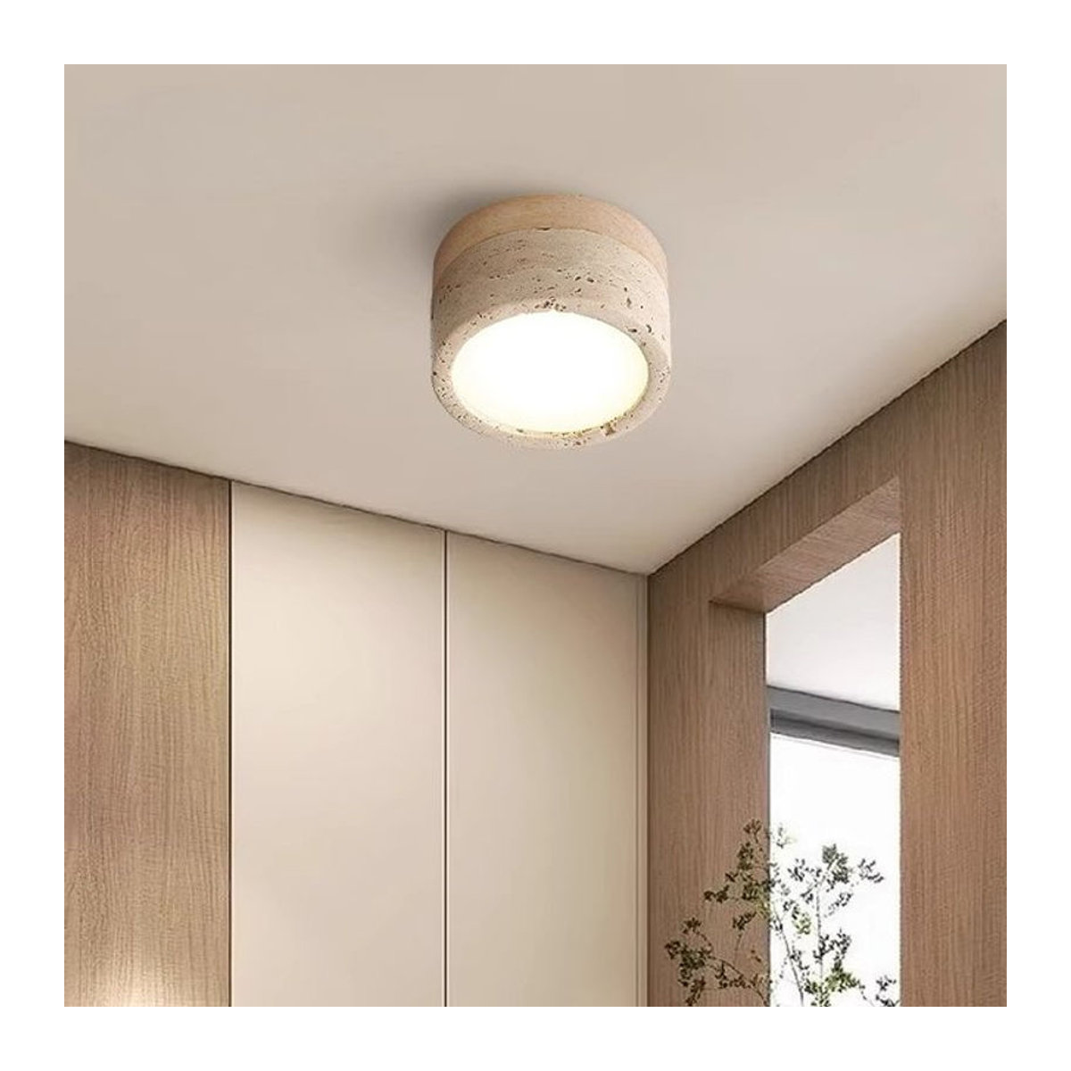 Japanische Wabi Sabi LED Deckenleuchte Lava Ball aus gelbem Travertin Naturstein für Schlafzimmer und Wohnbereich - Bild 1