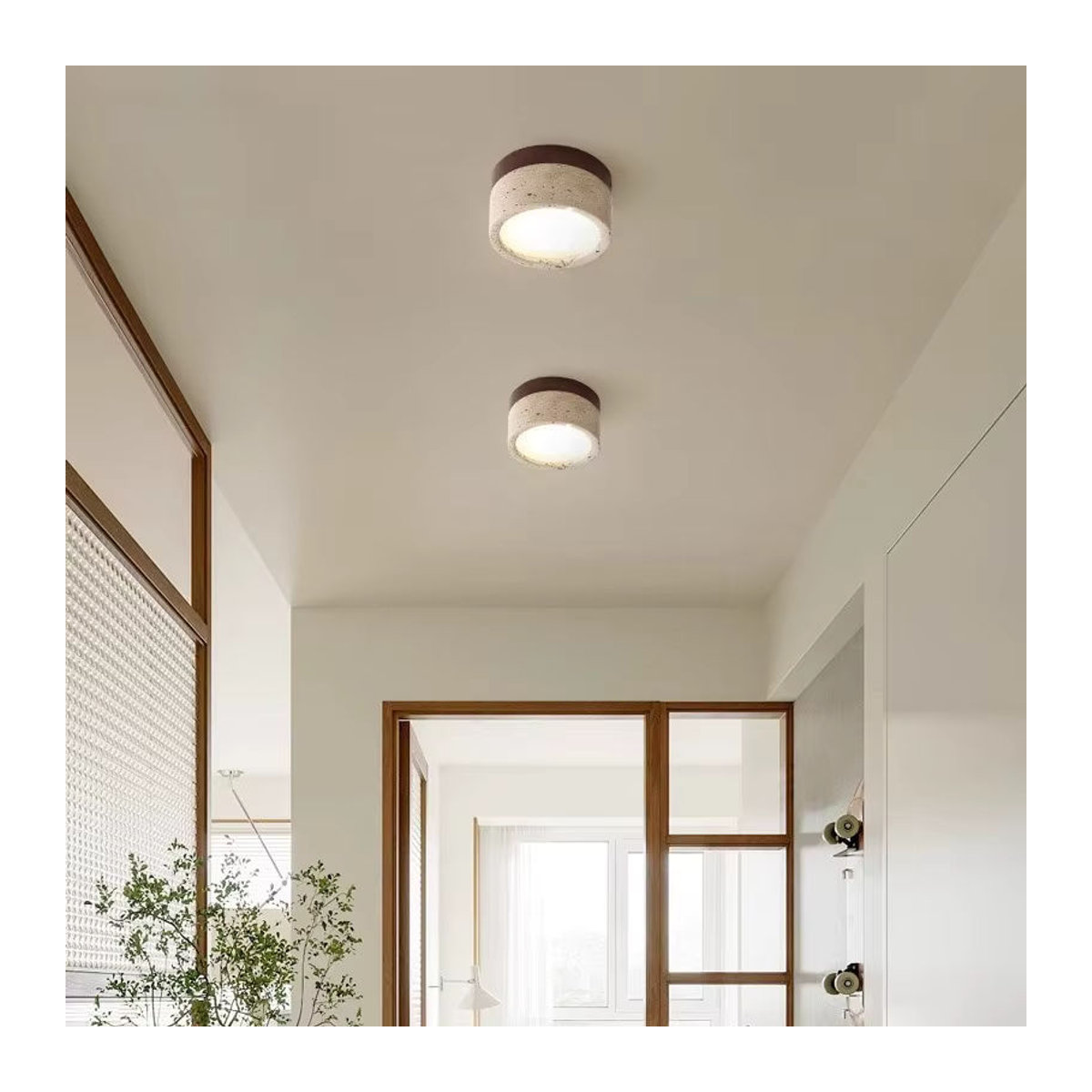 Japanische Wabi Sabi LED Deckenleuchte Lava Ball aus gelbem Travertin Naturstein für Schlafzimmer und Wohnbereich - Bild 2