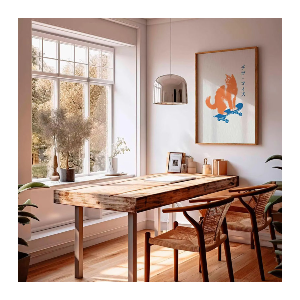 Japanischer Pop-Art-Katzendruck mit Retro-Skateboard-Motiv als minimalistische Wandkunst in Orange und Weiß auf Papier - Bild 3