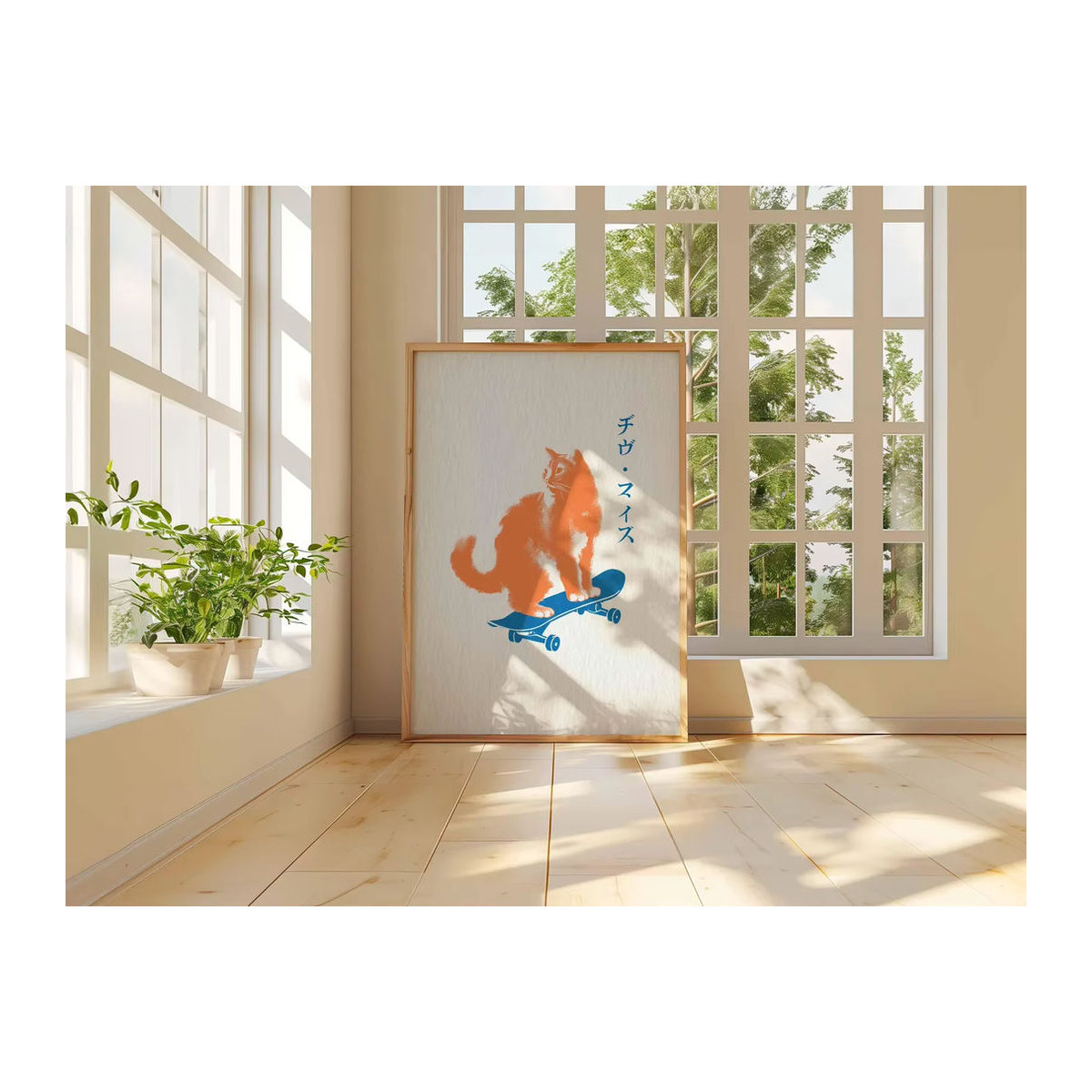 Japanischer Pop-Art-Katzendruck mit Retro-Skateboard-Motiv als minimalistische Wandkunst in Orange und Weiß auf Papier - Bild 4