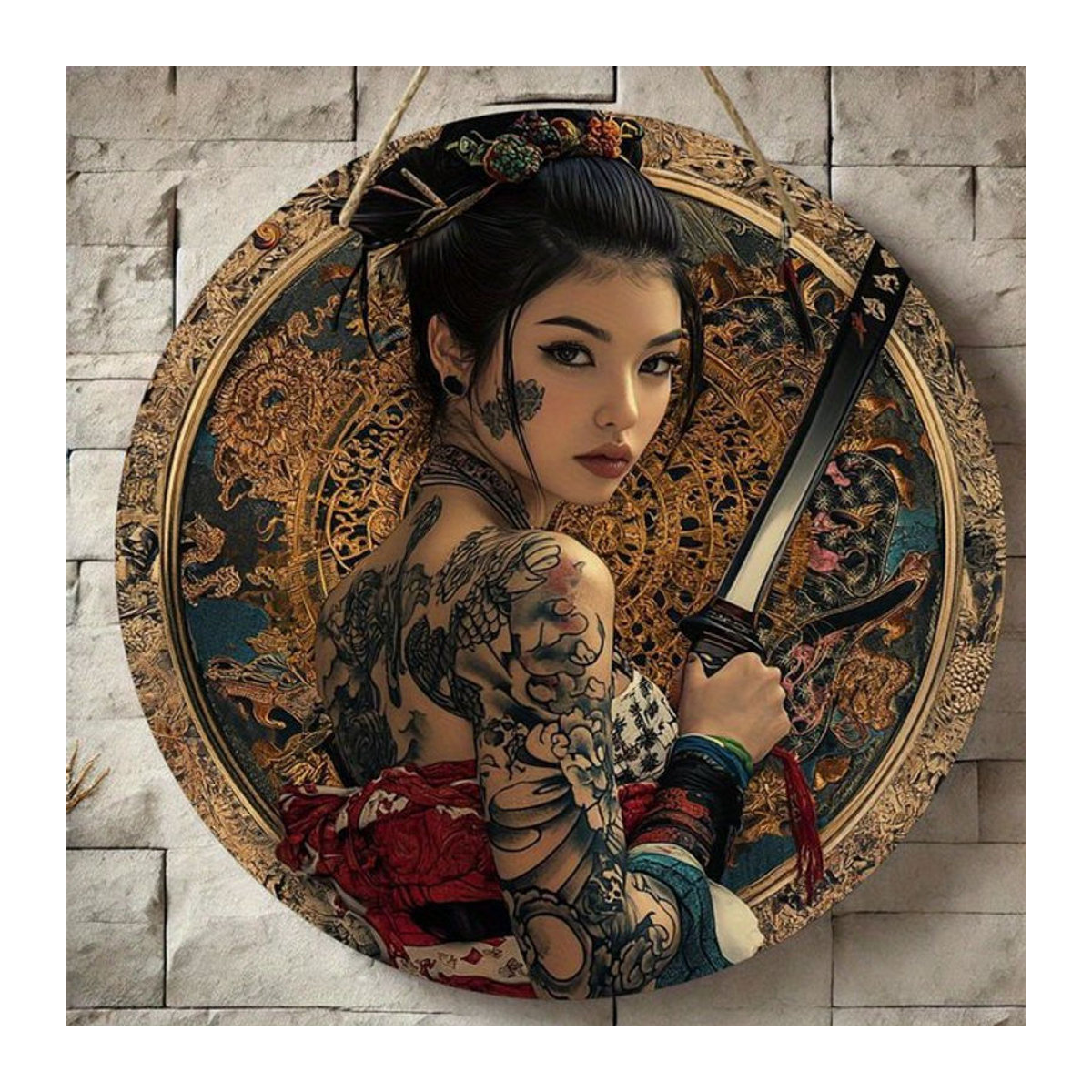 Japanischer Samurai-Rundschild aus Holz mit Blumen- und Rüstungsdesign, mehrfarbig, hängende Wanddekoration - Bild 1