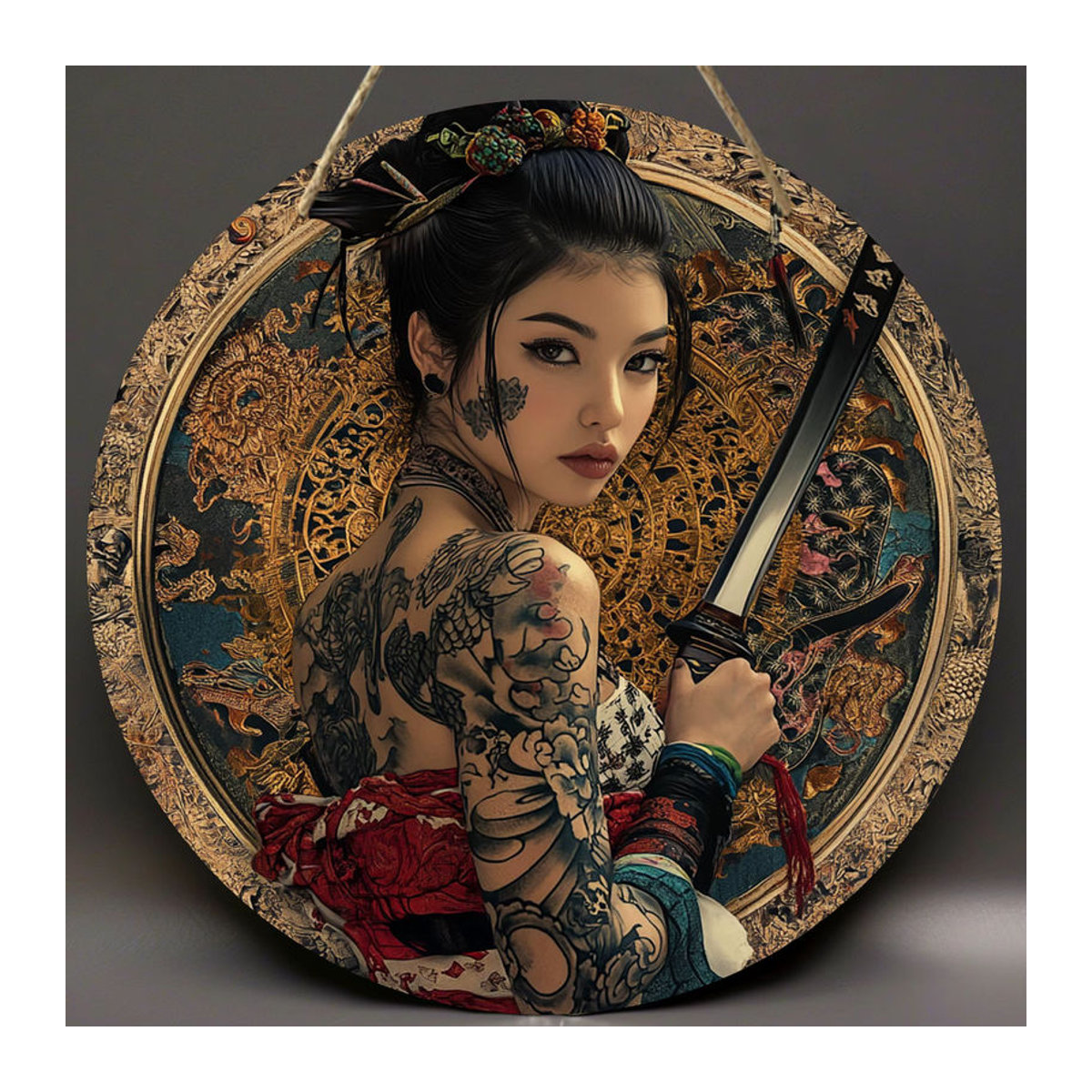 Japanischer Samurai-Rundschild aus Holz mit Blumen- und Rüstungsdesign, mehrfarbig, hängende Wanddekoration - Bild 3