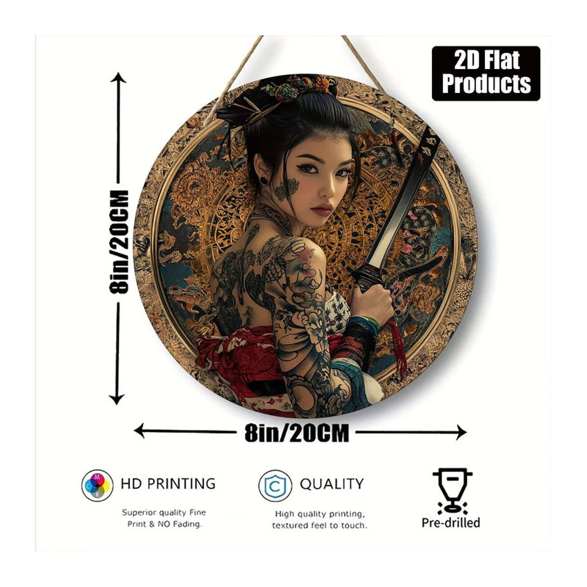 Japanischer Samurai-Rundschild aus Holz mit Blumen- und Rüstungsdesign, mehrfarbig, hängende Wanddekoration - Bild 5