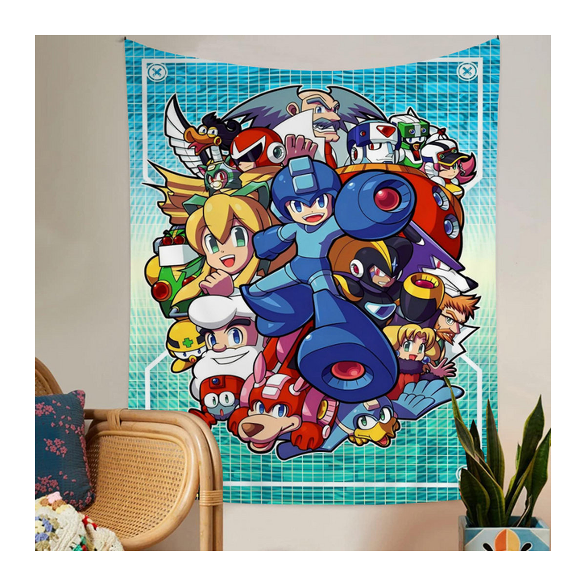 Japanischer Wandteppich im Rockman Megaman Design, Bohemian Wandbehang für Wohnzimmer und Wohnheim, mehrfarbig, B/H: 110 x 80 cm - Bild 1