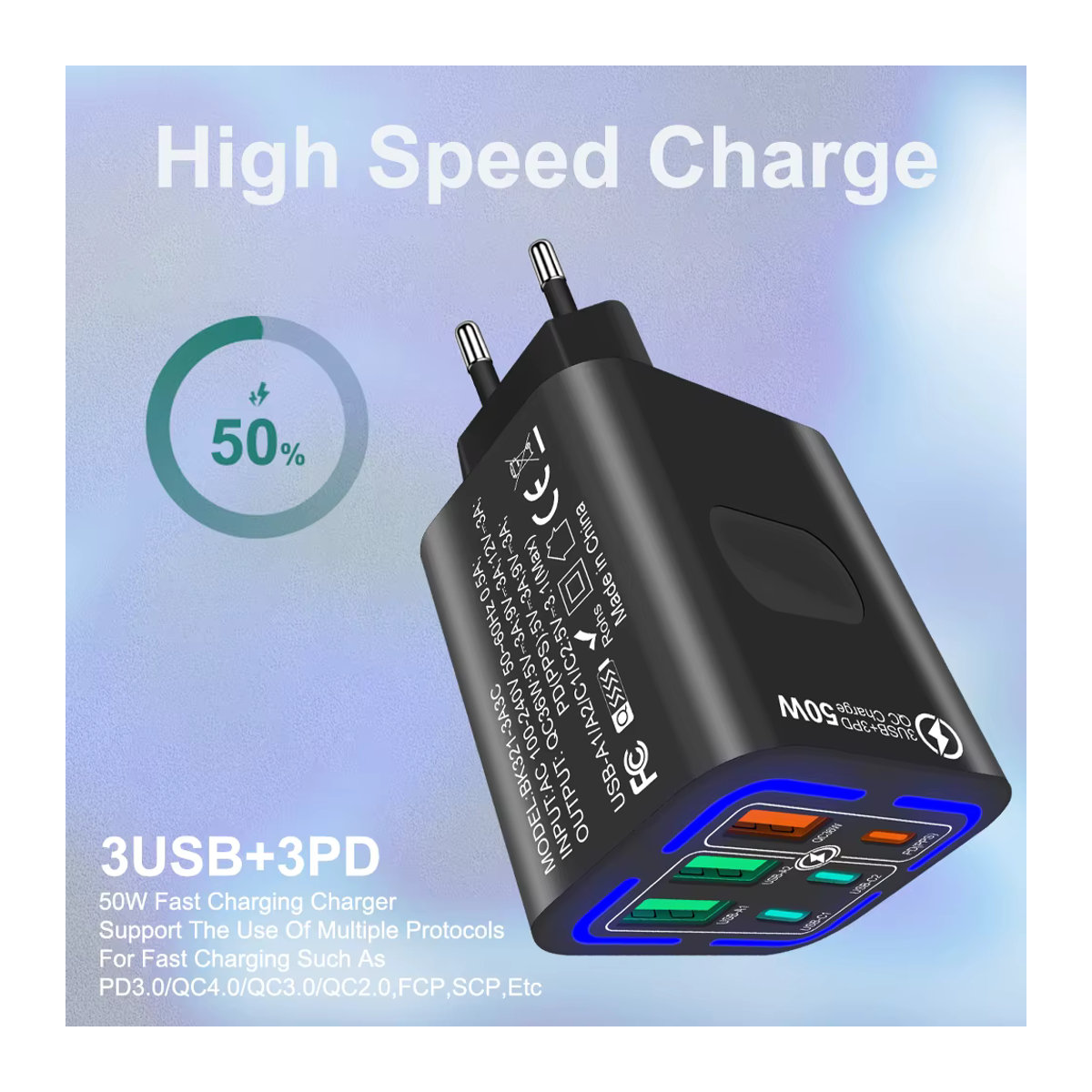 Javivid 50 W Wandladegerät mit 6 Ports inklusive 3 USB und 3 PD Schnellladeadapter in Schwarz - Bild 2