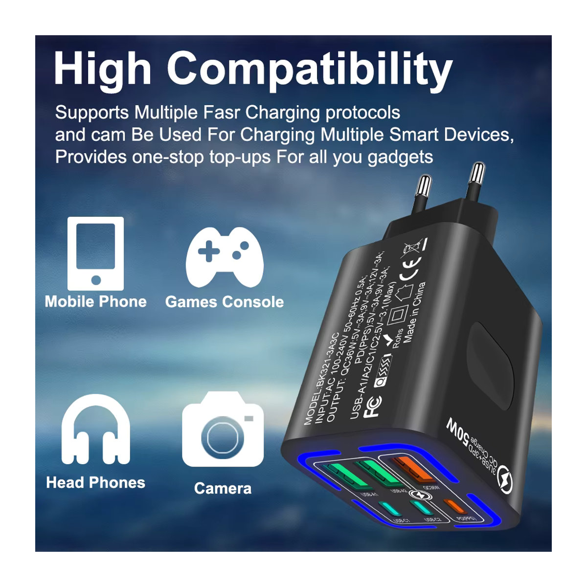 Javivid 50 W Wandladegerät mit 6 Ports inklusive 3 USB und 3 PD Schnellladeadapter in Schwarz - Bild 4