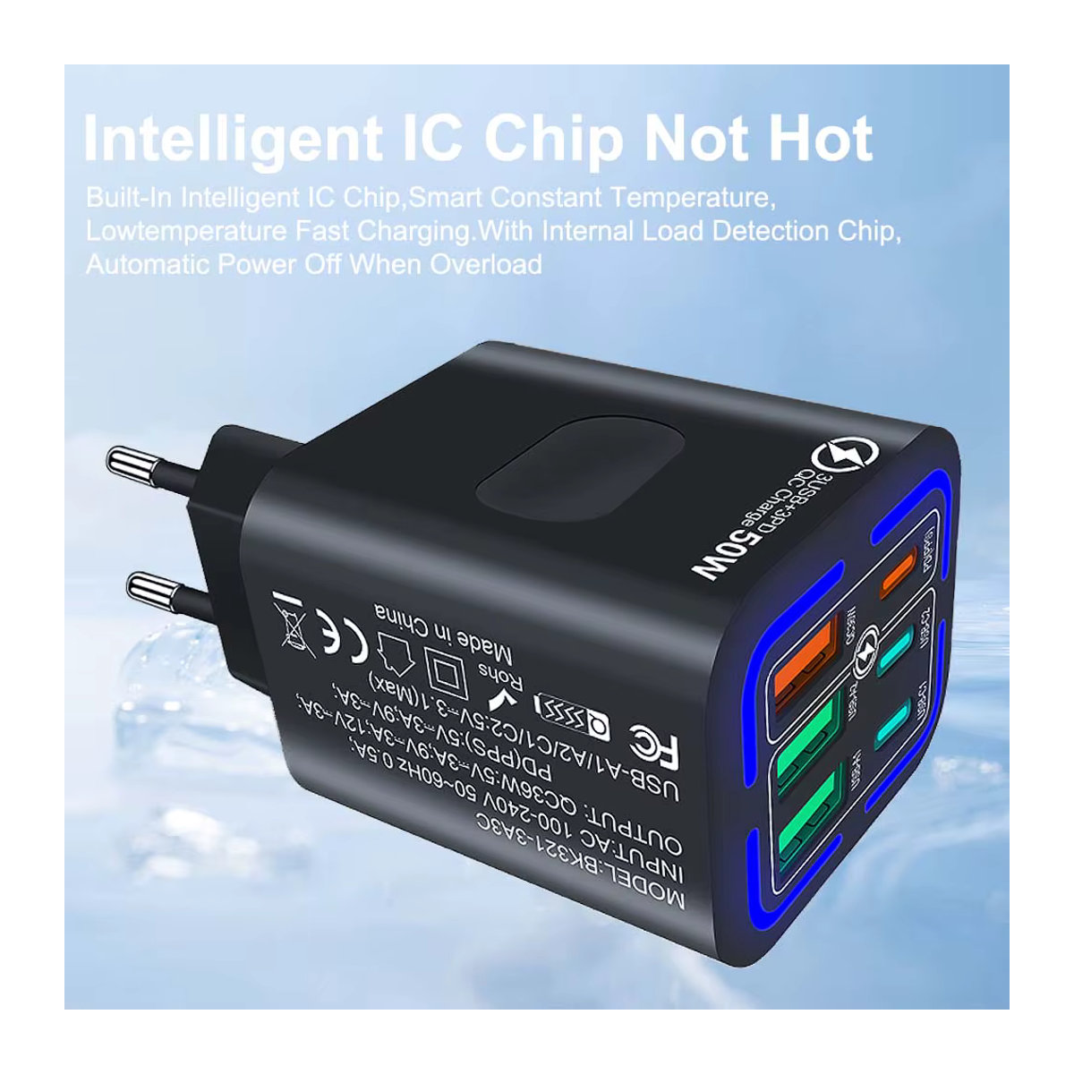 Javivid 50 W Wandladegerät mit 6 Ports inklusive 3 USB und 3 PD Schnellladeadapter in Schwarz - Bild 5