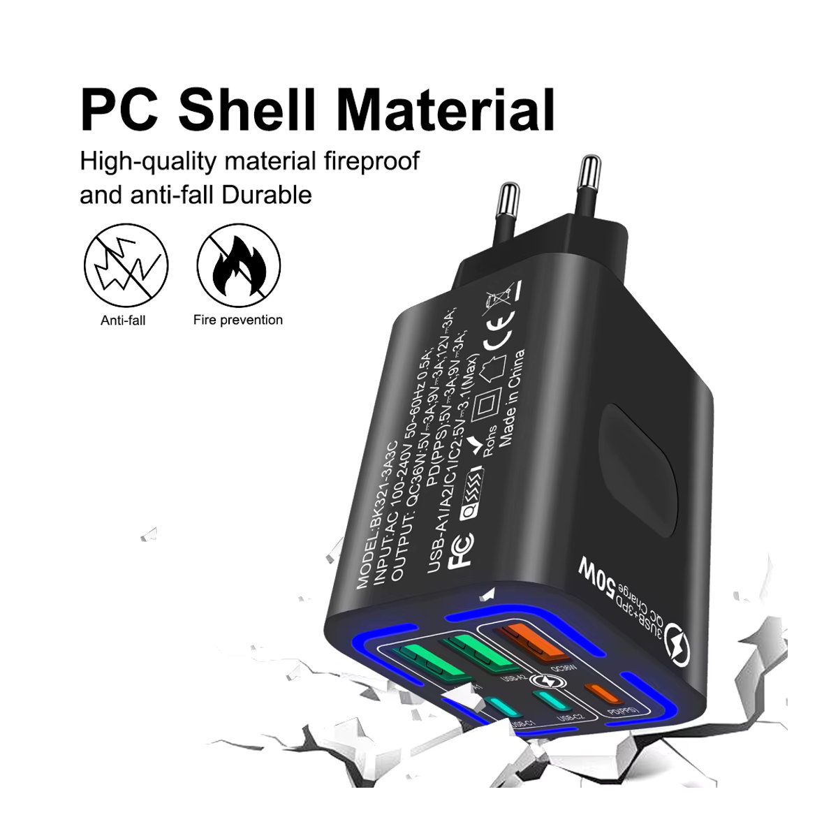 Javivid 50 W Wandladegerät mit 6 Ports inklusive 3 USB und 3 PD Schnellladeadapter in Schwarz - Bild 6