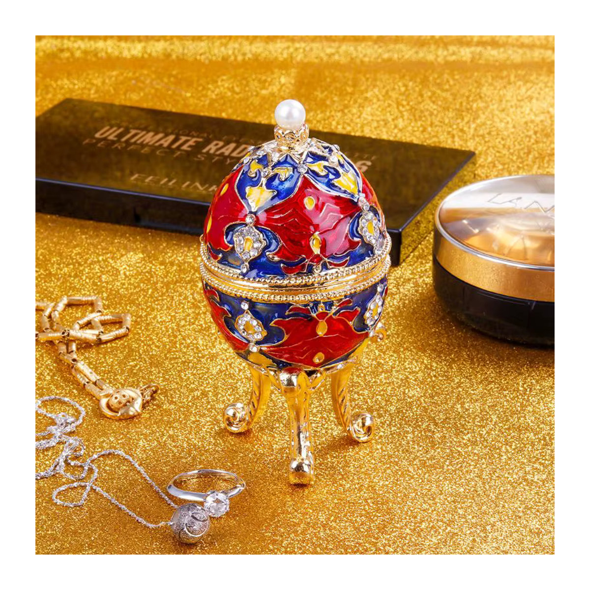 JAVRICK Faberge-Ei Serie Schmuckbox mit grünem Blättermuster, handbemalt, Metall, oval, mehrfarbig - Bild 2