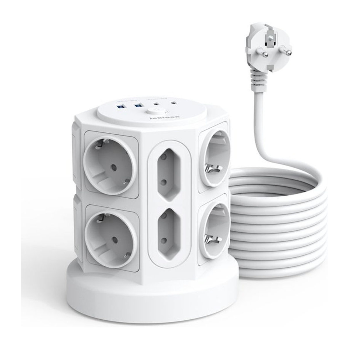 JcBlaon 16-in-1 Mehrfachsteckdose in Weiß mit 12 Steckdosen, 4 USB-Anschlüssen (2 USB-C) und 2 m Verlängerungskabel - Bild 1