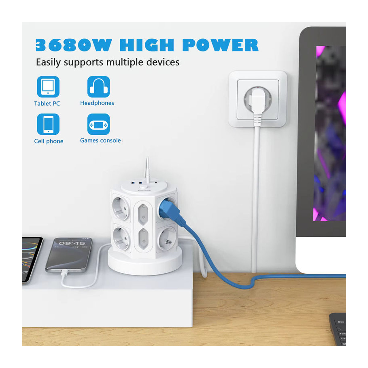JcBlaon 16-in-1 Mehrfachsteckdose in Weiß mit 12 Steckdosen, 4 USB-Anschlüssen (2 USB-C) und 2 m Verlängerungskabel - Bild 3