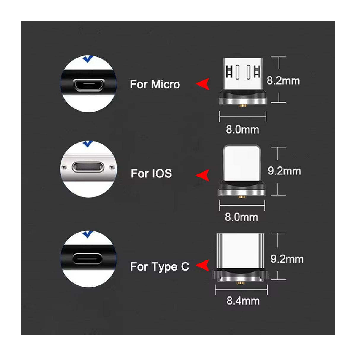 JCD Magnetische Ladeadapter Set für Typ C Micro USB und iOS in Silber, 15 Stück - Bild 3