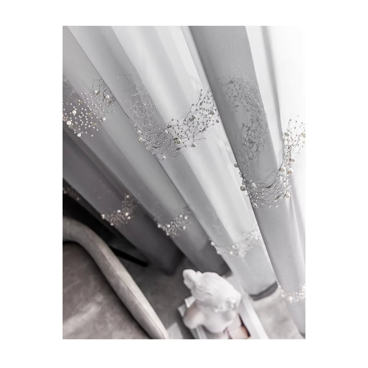 JESSANS Fenstergardine im französischen Stil mit Perlen-Stickerei und Sternenhimmel-Design in Weiß - Bild 3
