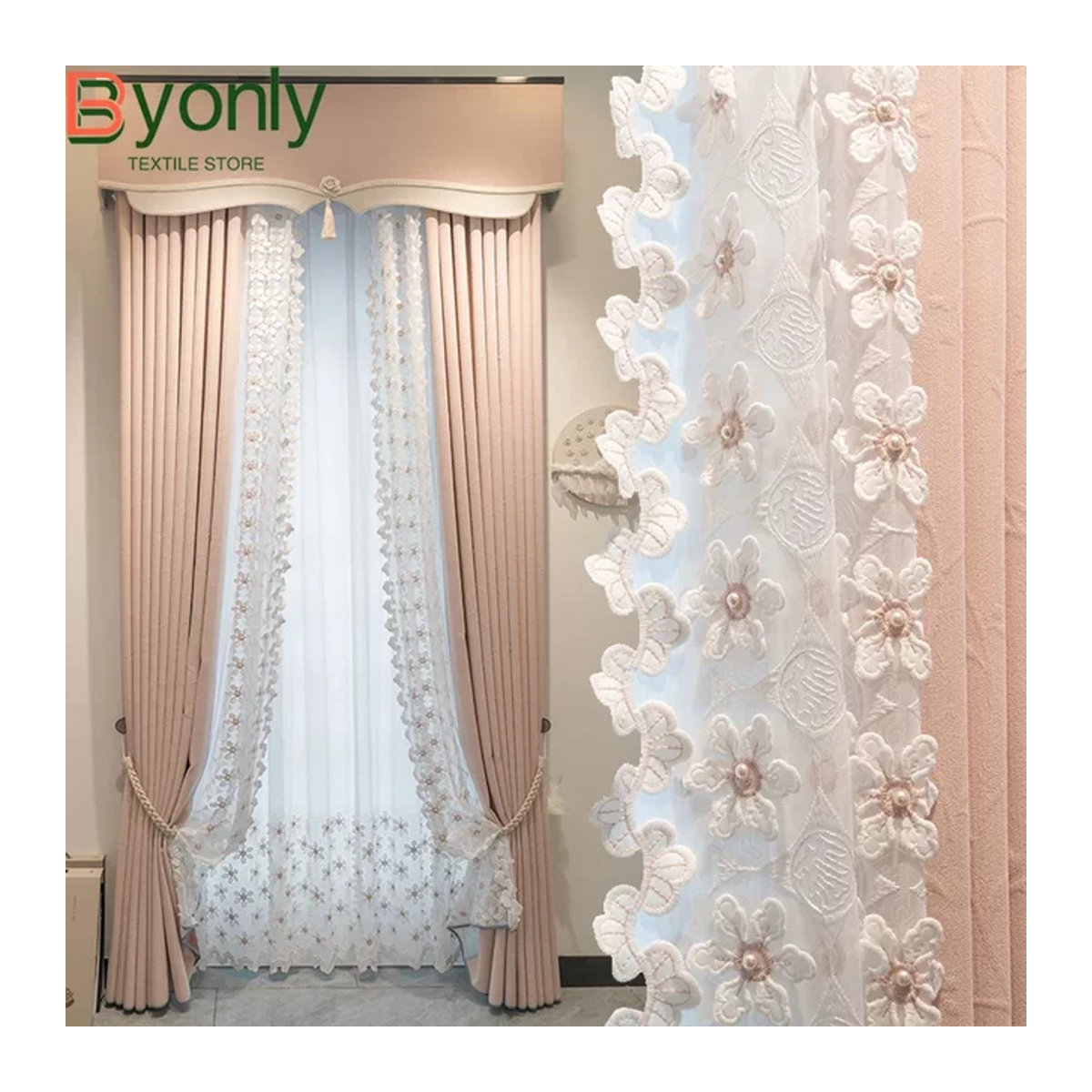 JESSANS Jacquard-Chenille-Spitze-Patchwork-Vorhang in Rosa im Prinzessin-Stil mit Volant für Wohnzimmer und Schlafzimmer - Bild 1