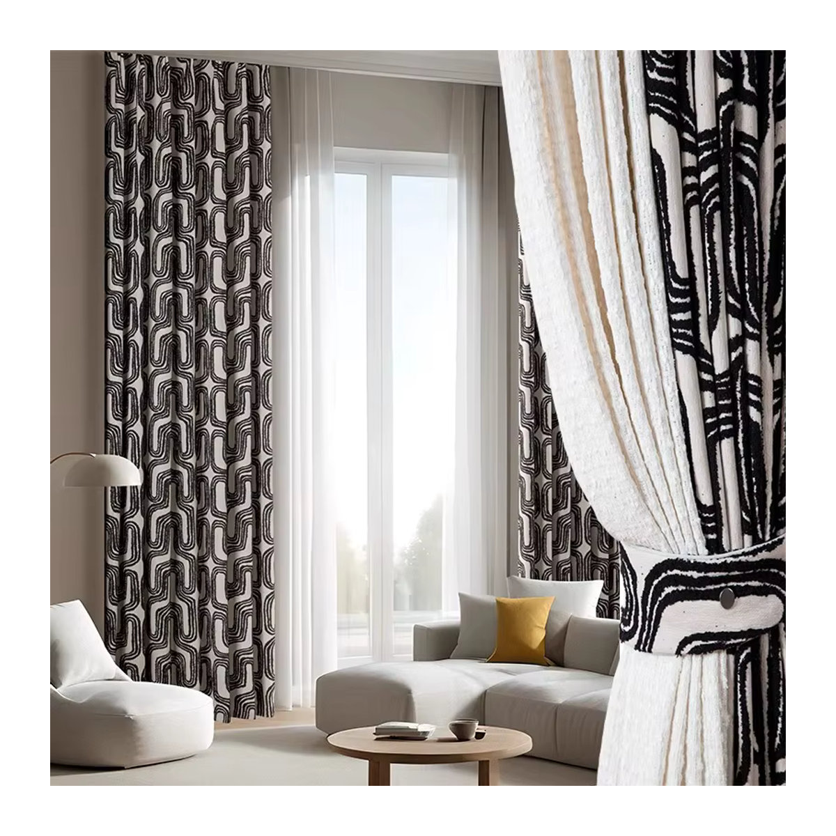 JESSANS Jacquard Chenille Vorhang in Schwarz-Weiß mit Beflockung für Wohnzimmer und Schlafzimmer - Bild 2