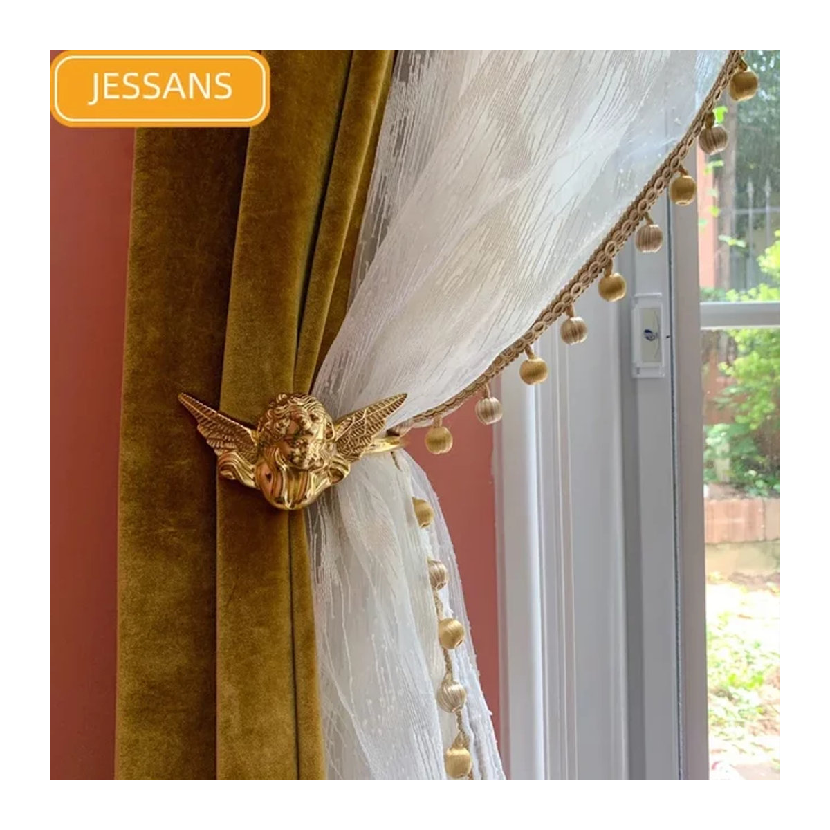 JESSANS Verdunkelungsvorhänge mit goldener Spitze in Weiß für Wohnzimmer und Schlafzimmer - Bild 1