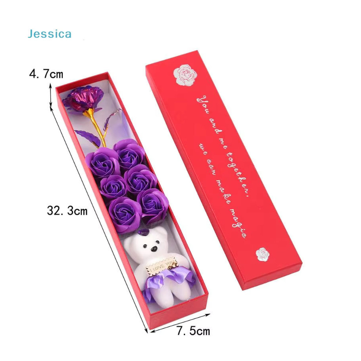 Jessica Geschenkbox mit künstlicher Rose und kleinem Bär, Seifenblumenstrauß in Pink und Blau für Valentinstag und Jahrestag - Bild 5