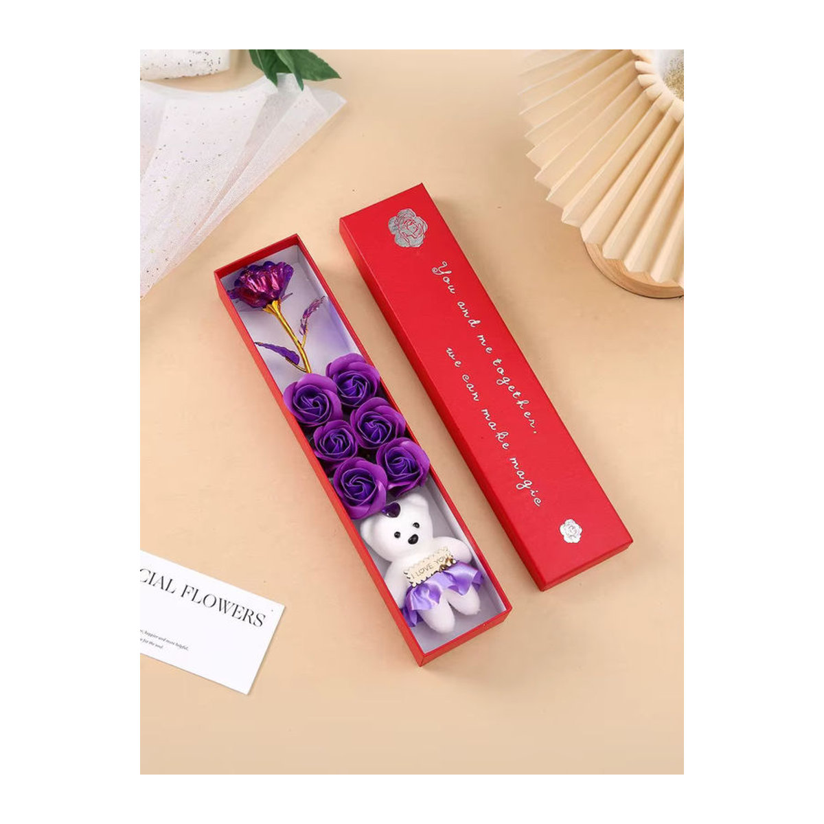 Jessica Geschenkbox mit künstlicher Rose und kleinem Bär, Seifenblumenstrauß in Pink und Blau für Valentinstag und Jahrestag - Bild 6