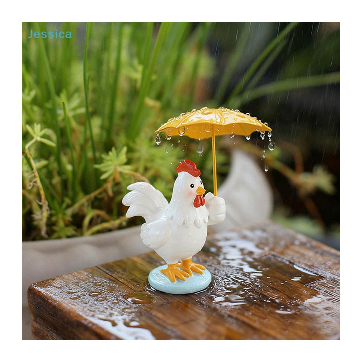 Jessica Hühnerfigur mit Regenschirm aus Kunstharz als Gartenstatue für Terrasse und Miniatur-Gartendekoration in Weiß oder Bunt - Bild 1