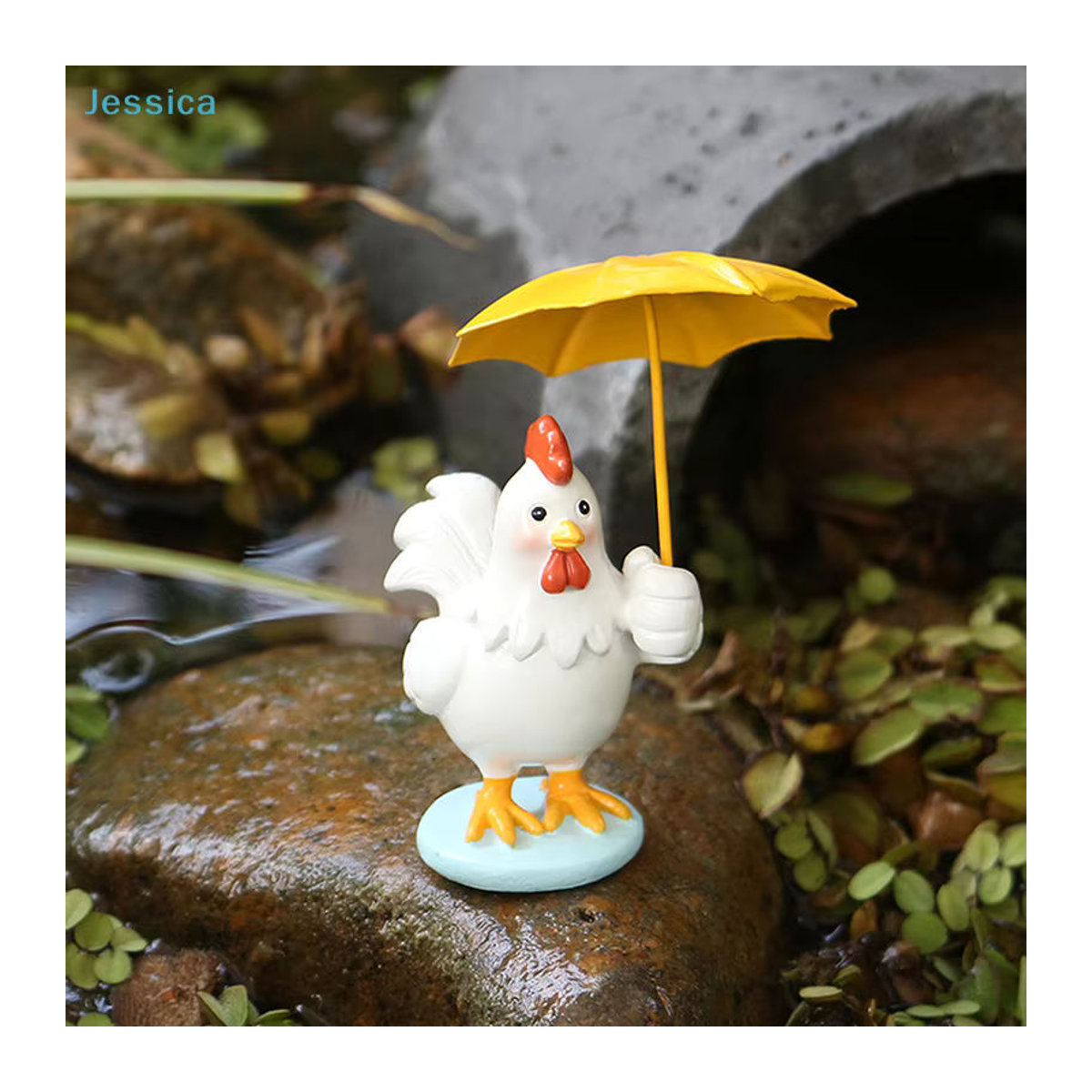 Jessica Hühnerfigur mit Regenschirm aus Kunstharz als Gartenstatue für Terrasse und Miniatur-Gartendekoration in Weiß oder Bunt - Bild 2