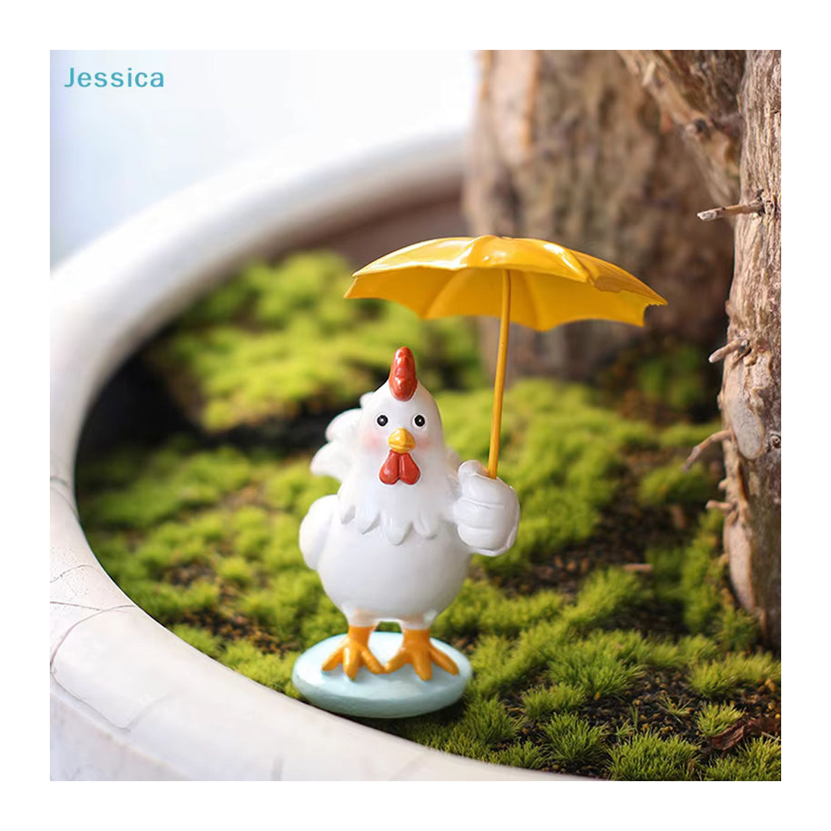 Jessica Hühnerfigur mit Regenschirm aus Kunstharz als Gartenstatue für Terrasse und Miniatur-Gartendekoration in Weiß oder Bunt - Bild 3