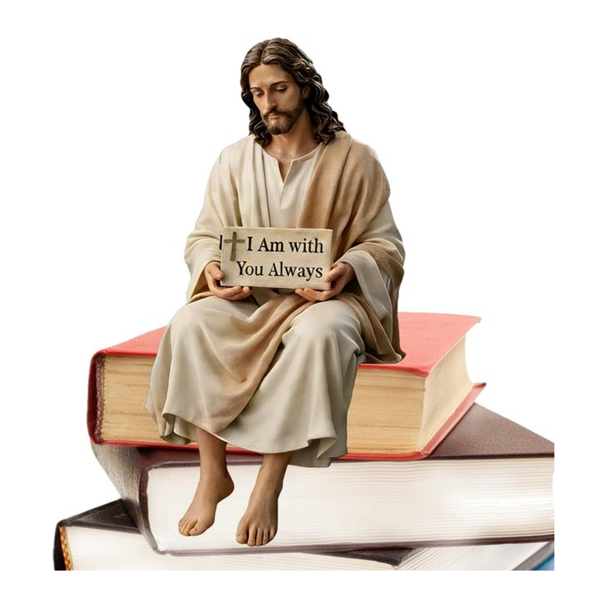 Jesus-Figur aus Kunstharz in beige mit der Aufschrift Ich bin bei dir immer da als Wohndekoration - Bild 1