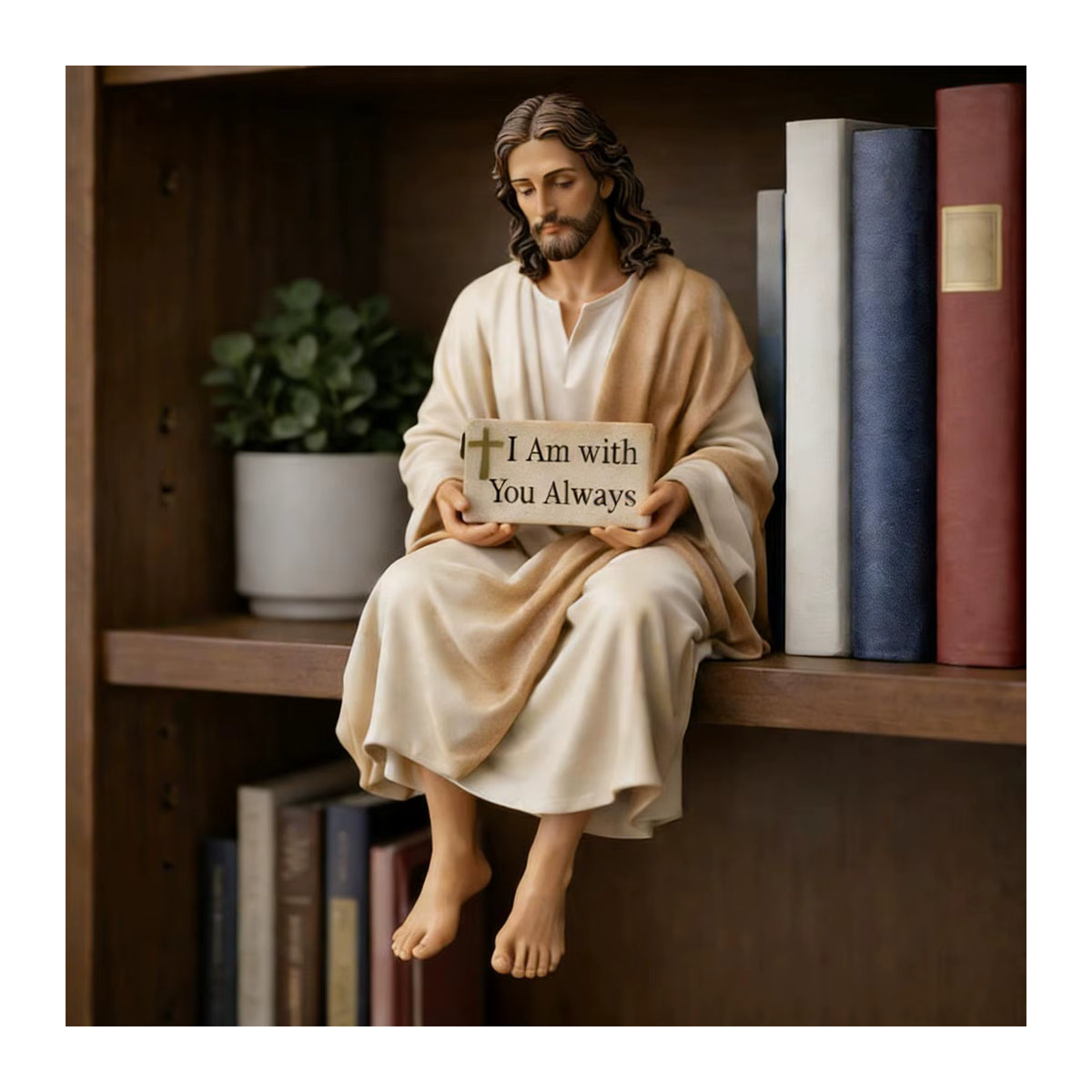 Jesus-Figur aus Kunstharz in beige mit der Aufschrift Ich bin bei dir immer da als Wohndekoration - Bild 3
