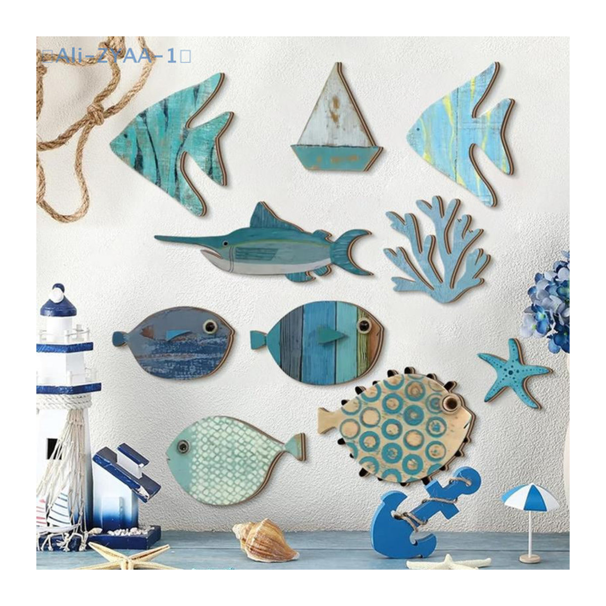 JETTING 10er Set Fisch Wanddekoration aus Holz in Mehrfarbig für maritimes Küsten- und Stranddesign - Bild 1