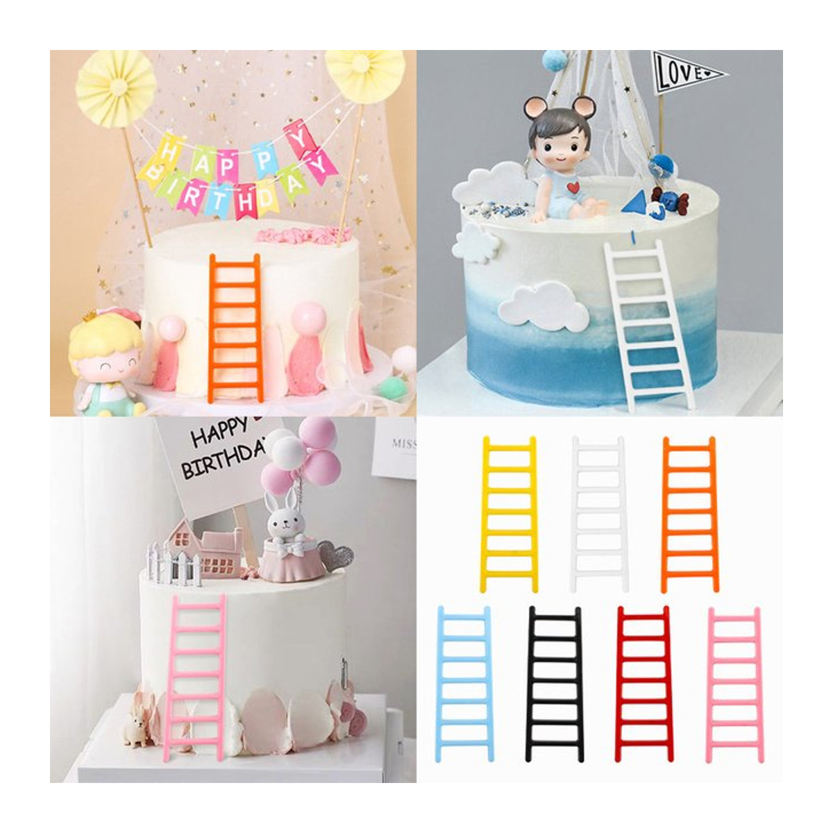 JETTING 5er Set Mini-Plastikleitern als bunte Kuchendekoration und Party-Zubehör in Mehrfarbig und Weiß - Bild 1