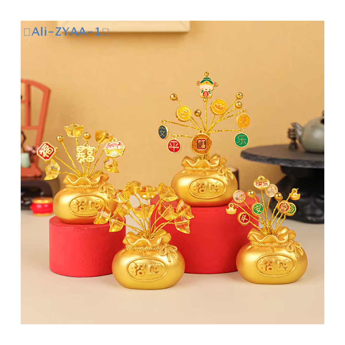 JETTING Feng Shui Geldbaum Fa Cai als Glücksbringer in Gold, künstliche Pflanze aus Kunstharz für Zuhause, Schreibtisch und Auto - Bild 1